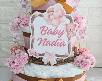 Teddy Bear Girl Baby Shower Diaper Cake Centerpiece, Teddy Baby Sprinkle Pink and Brown 3 Tier Large Diaper Cake Table Top Decoration Gift