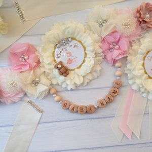 Pink Teddy Bear Baby Girl Maternity Bump Sash, Pregnant Mama To Be Belly Sash, Teddy Bear Baby Sprinkle Sash Belt, Belly Bump Flower Sash