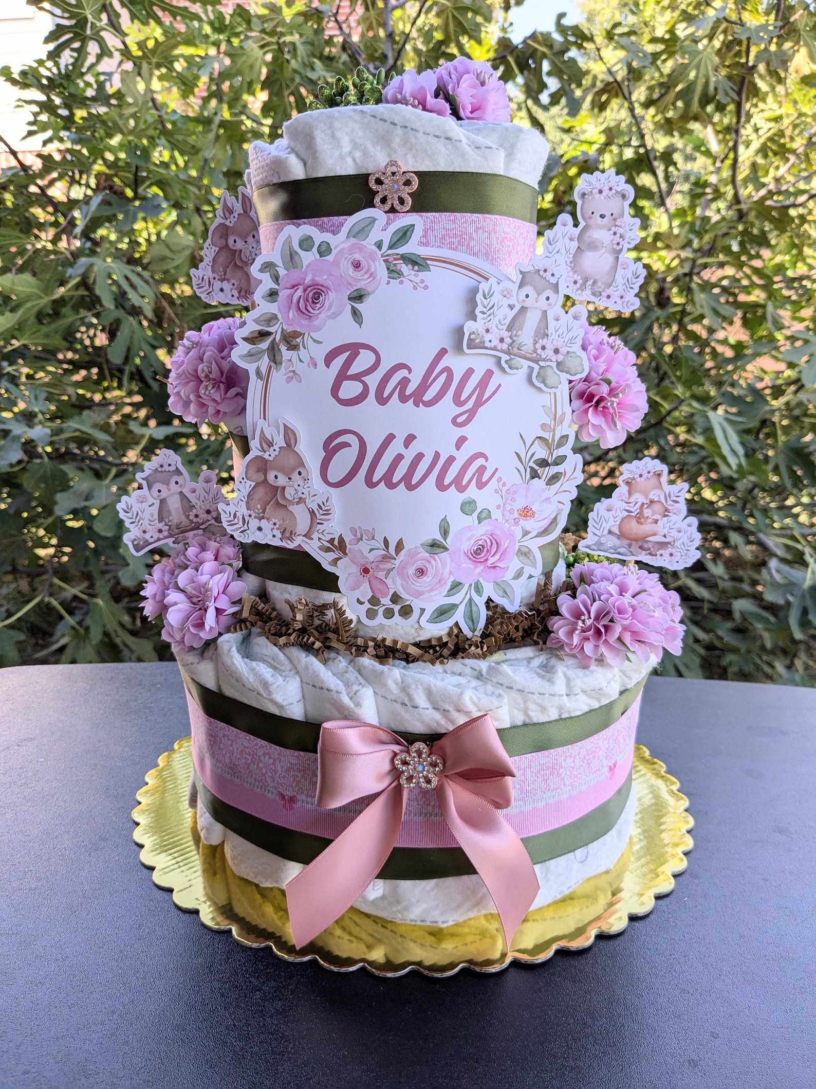 Baby Girl Woodland Baby Shower Diaper Cake Centerpiece, 3 Tier Large ...