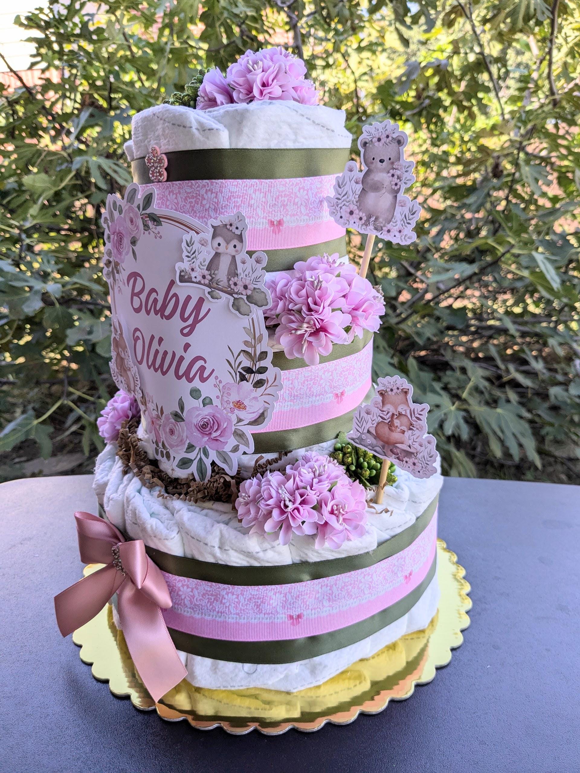 Baby Girl Woodland Baby Shower Diaper Cake Centerpiece, 3 Tier Large ...
