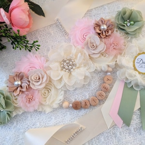 Blush Pink Baby Girl Shower Sash for Pregnant Mom, Mommy To Be Maternity Bump Sash, Woodland Pink Flower Tummy Sash, Mom To Be Bump Sash