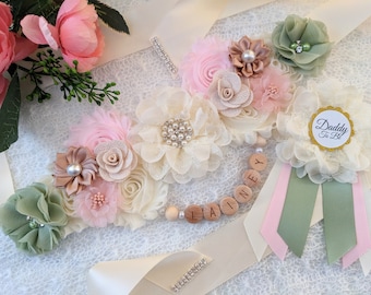 Blush Pink Baby Girl Shower Sash for Pregnant Mom, Mommy To Be Maternity Bump Sash, Woodland Pink Flower Tummy Sash, Mom To Be Bump Sash