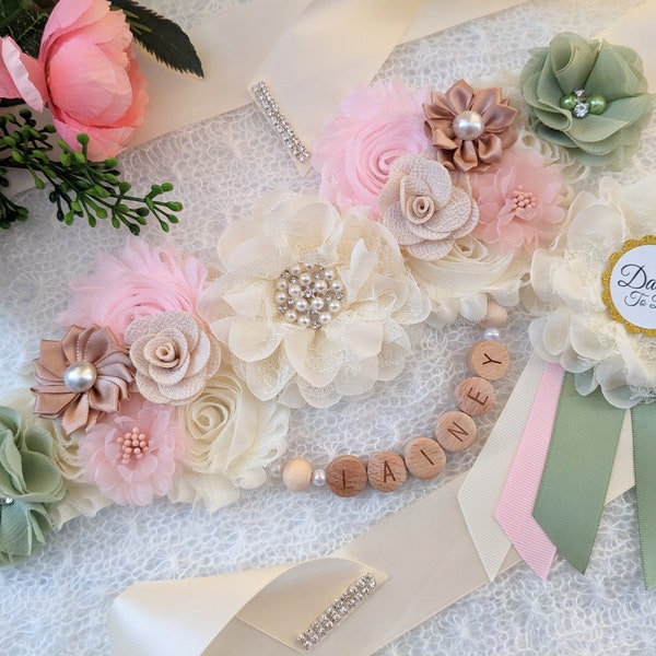 Blush Pink Baby Girl Shower Sash for Pregnant Mom, Mommy To Be Maternity Bump Sash, Woodland Pink Flower Tummy Sash, Mom To Be Bump Sash