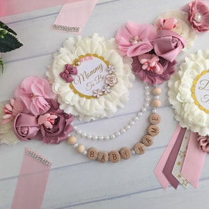 Blush Pink and Mauve Baby In Bloom Shower Maternity Belly Sash for Expectant Mother To Be, Mommy To Be Flower Sash Belt Keepsake Gift