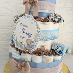 Boy Baby Shower Teddy Bear Diaper Cake 3 Tier Large Gift, Brown Bear ...