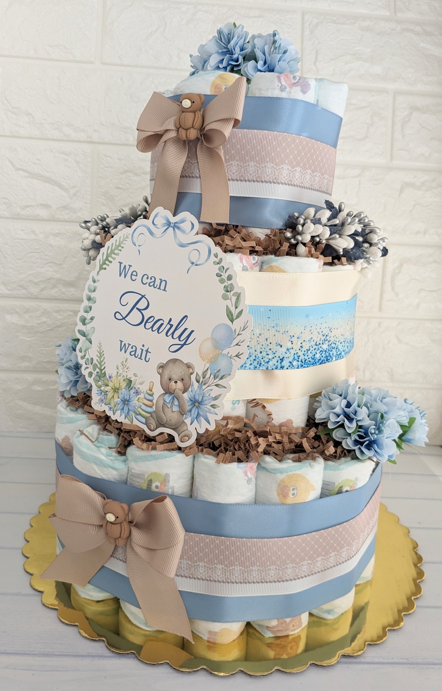 Boy Baby Shower Teddy Bear Diaper Cake 3 Tier Large Gift, Brown Bear ...