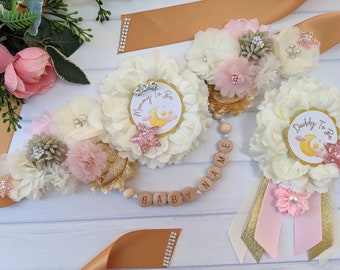 Over The Moon Baby Girl Shower Maternity Sash Belt, Twinkle Twinkle Little Star Mommy To Be Bump Sash, Pregnant Moon and Star Pink Gold Sash