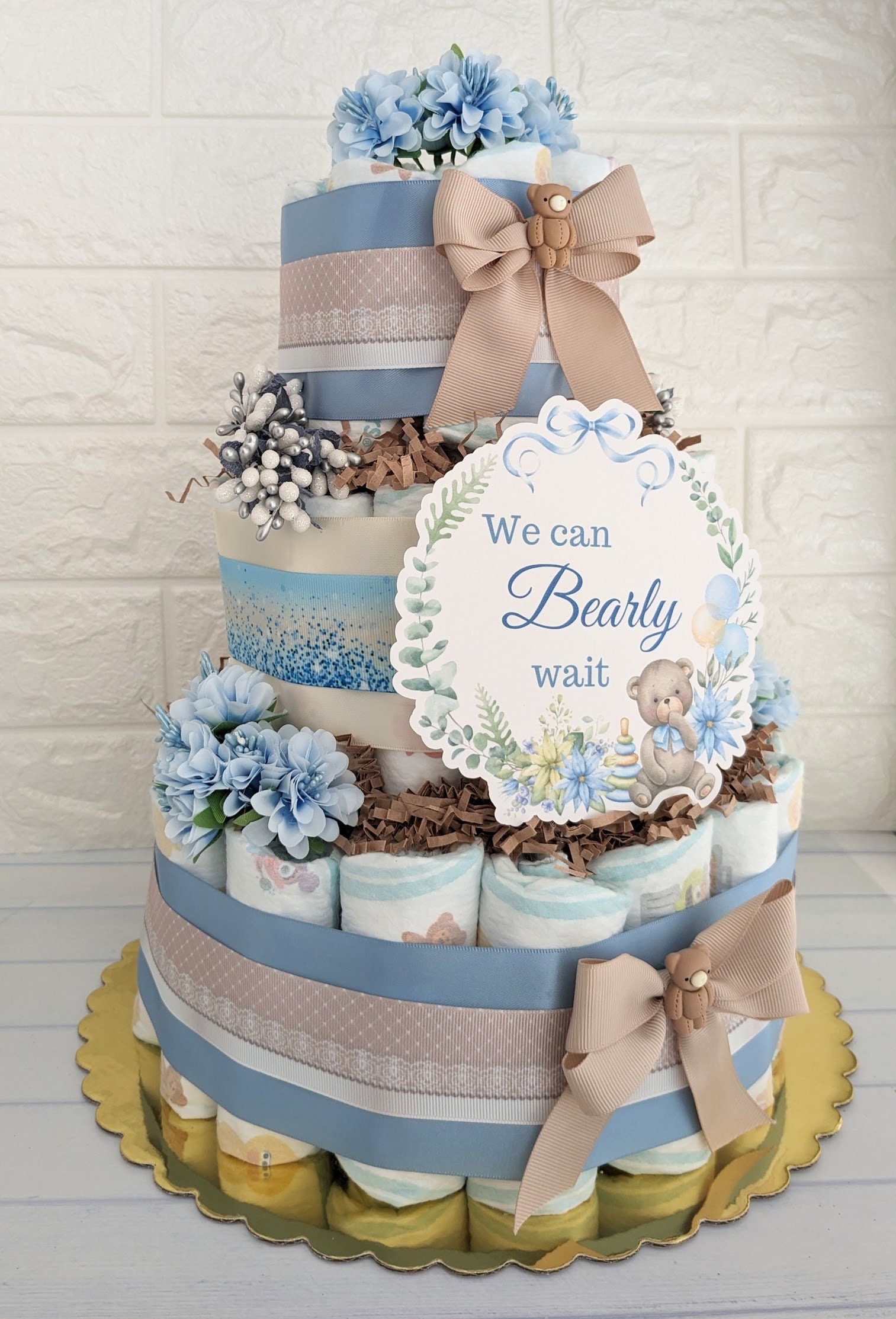 Boy Baby Shower Teddy Bear Diaper Cake 3 Tier Large Gift, Brown Bear ...