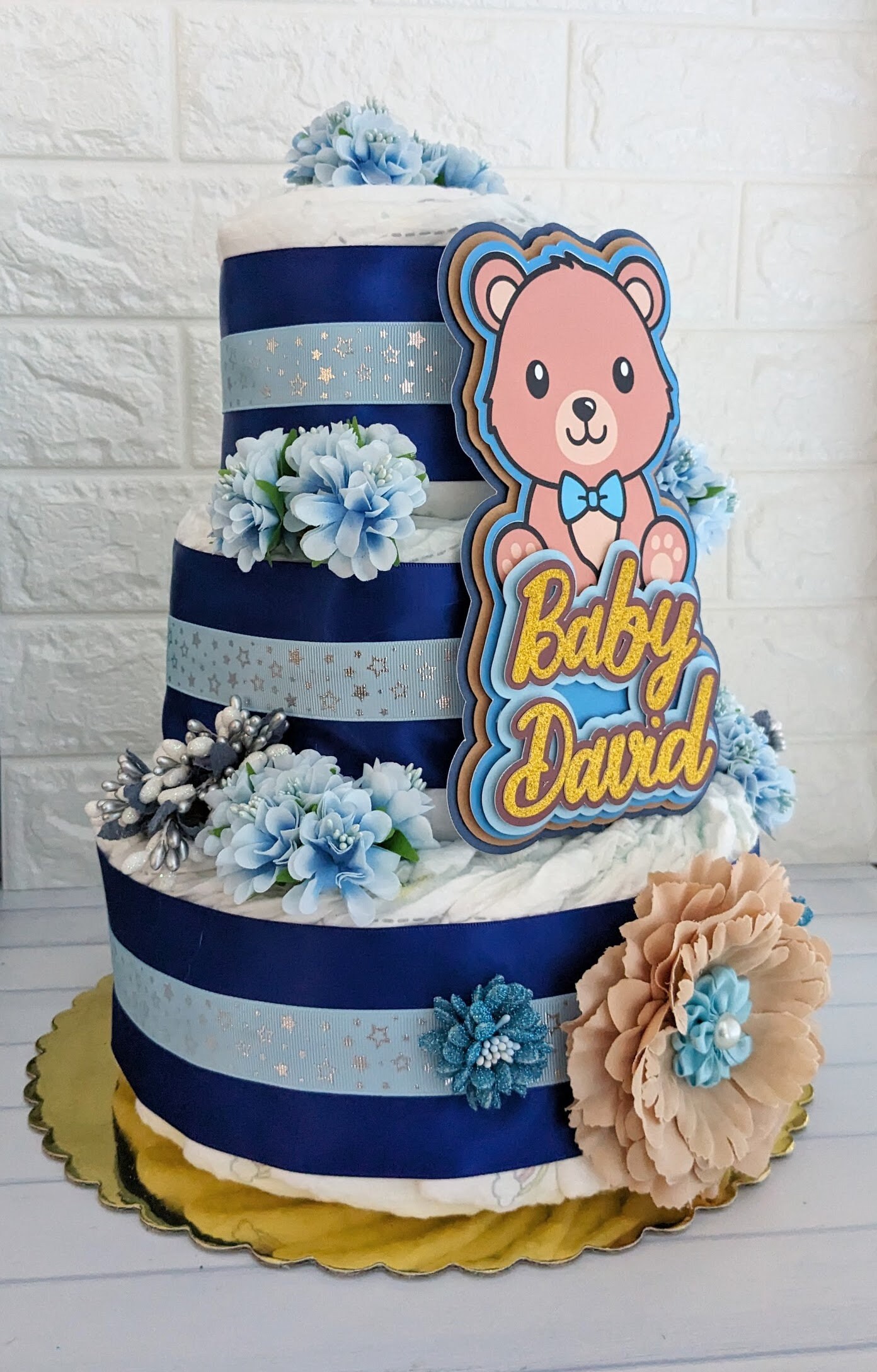 Teddy Bear Baby Boy Shower Diaper Cake Centerpiece, Gift for Pregnant ...