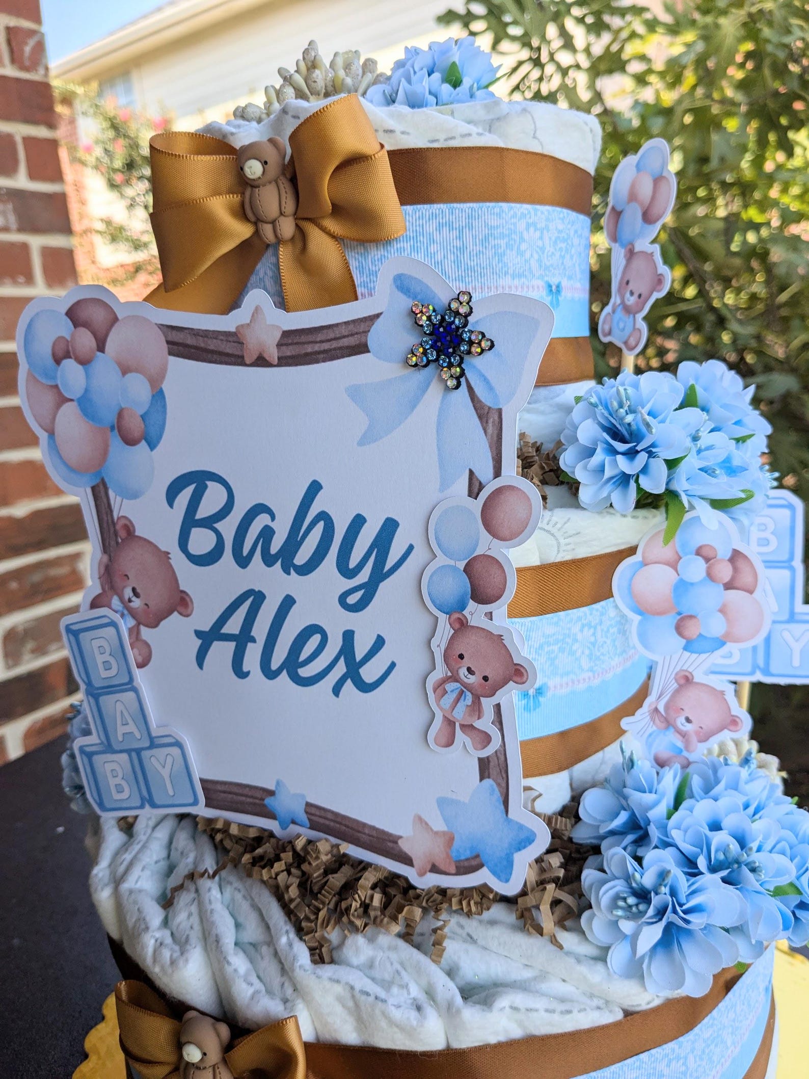 Teddy Bear Baby Boy Blue and Beige 3 Tier Large Custom Diaper Cake With ...