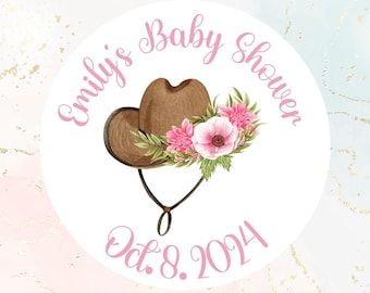 Cowgirl Baby Shower Favor Custom Label, Rodeo Theme Pink Baby Girl Shower Thank You Bag Sticker With Custom Date and Name, 2 Inch Round