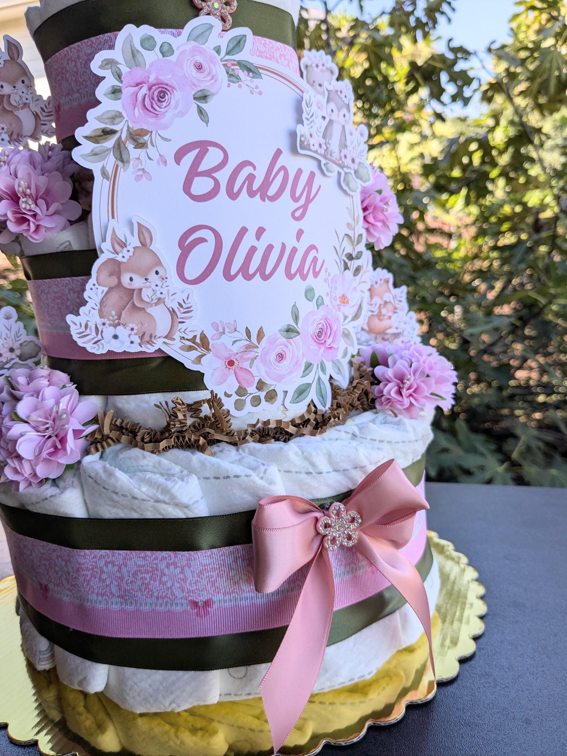 Baby Girl Woodland Baby Shower Diaper Cake Centerpiece, 3 Tier Large ...