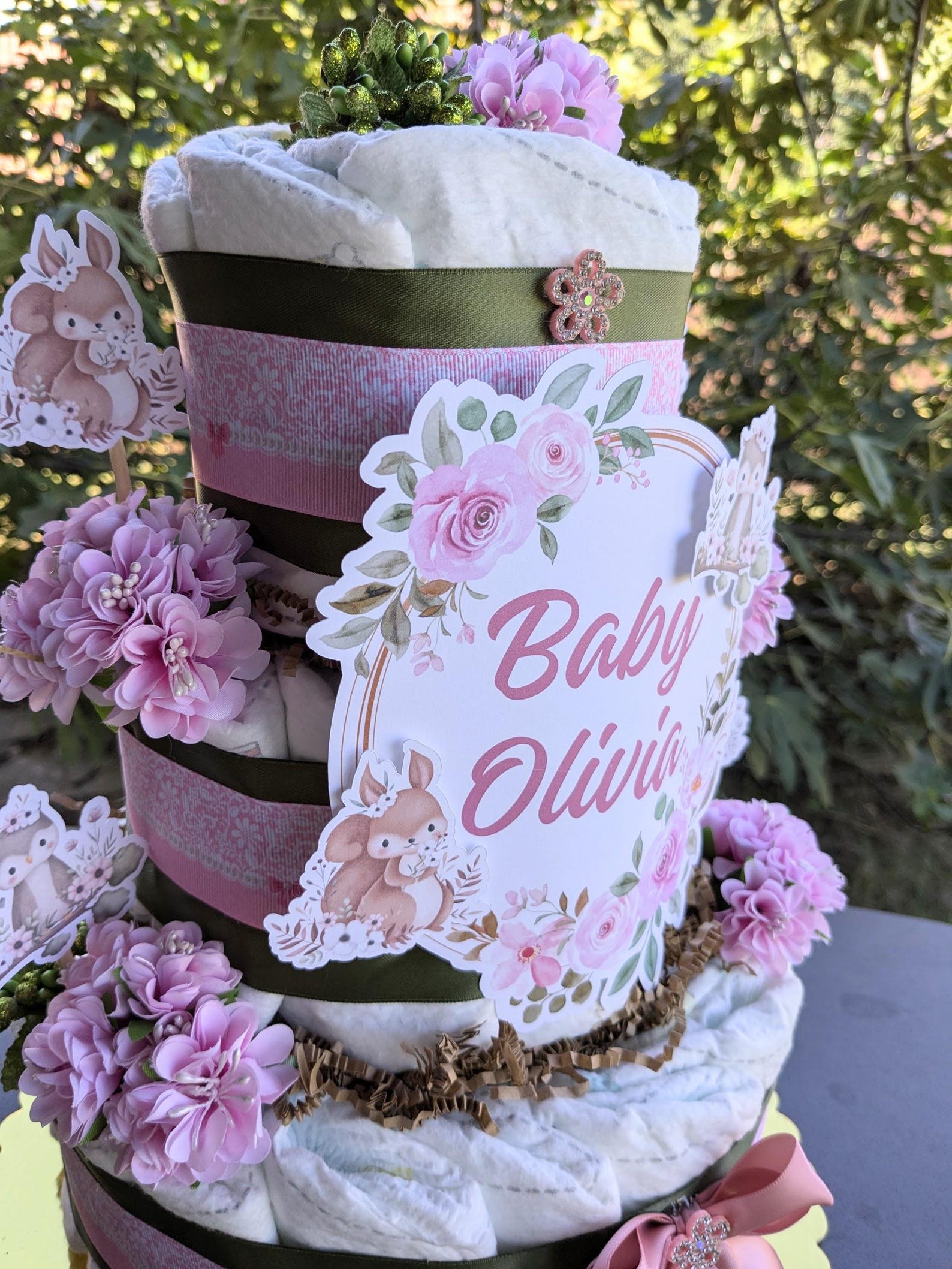 Baby Girl Woodland Baby Shower Diaper Cake Centerpiece, 3 Tier Large ...