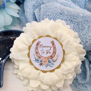 Cowboy Baby Boy Shower Corsage Western Baby Sprinkle Mommy To Be Ribbon Rustic Horse Shoe Dusty Blue Beige Pregnant Mom Button Keepsake Gift