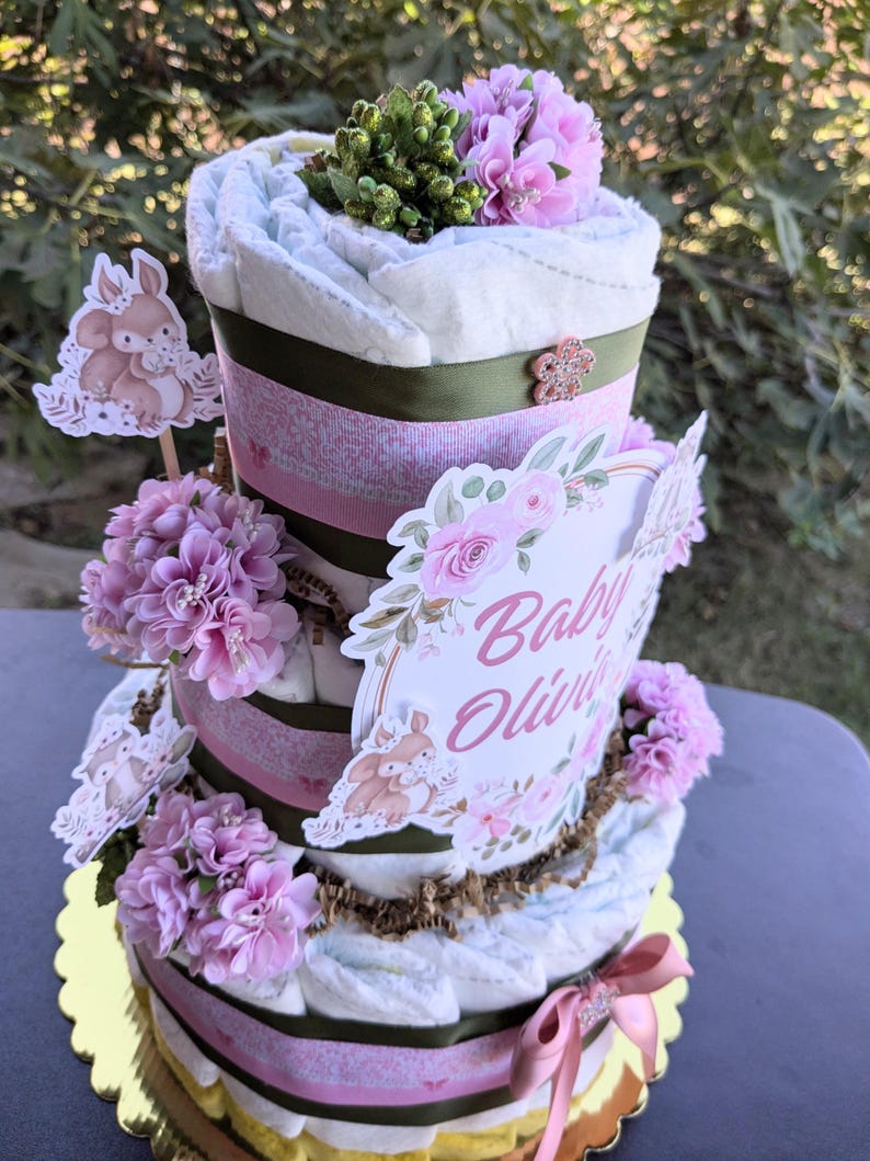 Baby Girl Woodland Baby Shower Diaper Cake Centerpiece, 3 Tier Large ...