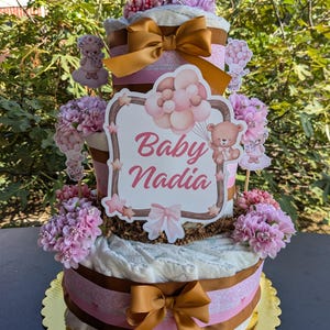 Baby Girl Teddy Bear Baby Shower Diaper Cake Large 3 Tier Mommy To Be Gift, Baby Sprinkle Pink Teddy Bear Diaper Cake Table Top Decoration