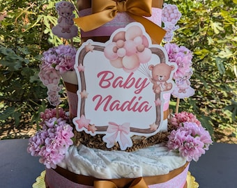 Baby Girl Teddy Bear Baby Shower Diaper Cake Large 3 Tier Mommy To Be Gift, Baby Sprinkle Pink Teddy Bear Diaper Cake Table Top Decoration