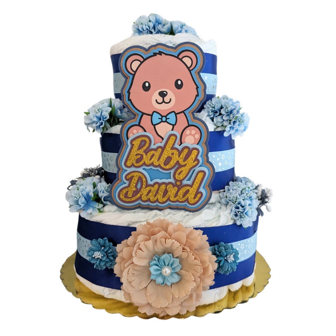 Teddy Bear Baby Boy Shower Diaper Cake Centerpiece, Gift for Pregnant ...