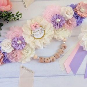 Girl Baby Shower Belly Flower Sash Maternity Photo Prop Keepsake Gift Mommy To Be Baby Bump Sash Belt Pink Lavender Belly Band Tummy Sash