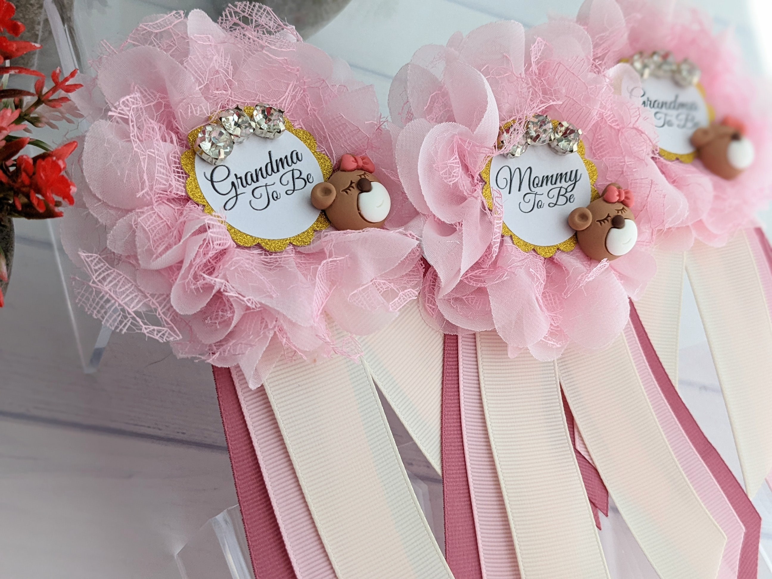 Grandma to Be Baby Girl Shower Pin, Pink Teddy Bear Baby