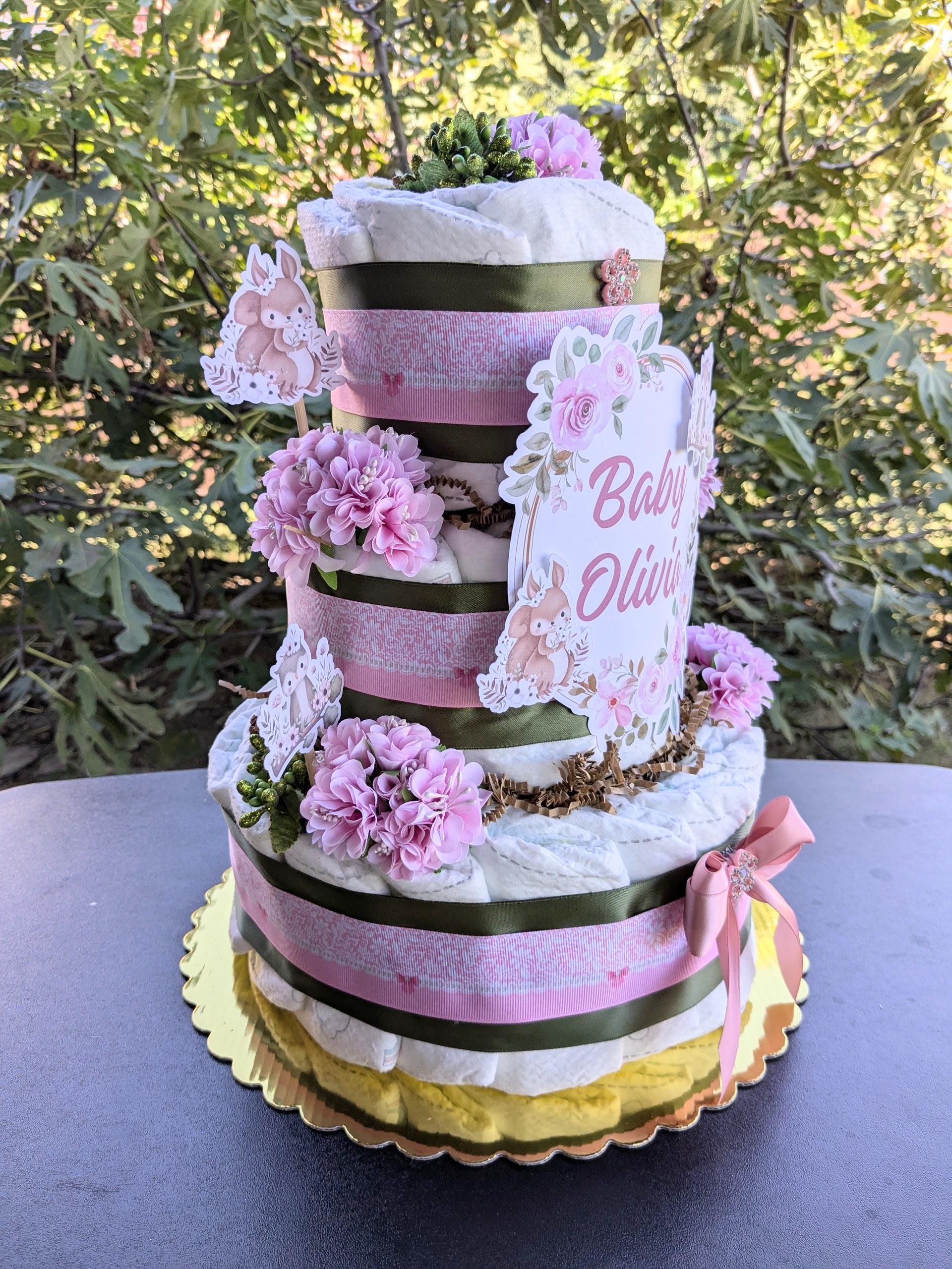Baby Girl Woodland Baby Shower Diaper Cake Centerpiece, 3 Tier Large ...