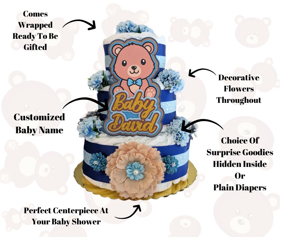 Teddy Bear Baby Boy Shower Diaper Cake Centerpiece, Gift for Pregnant ...