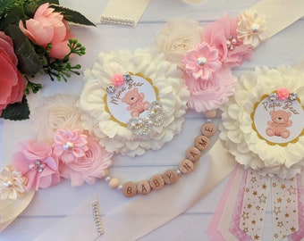 Mama Bear Baby Shower Maternity Sash Belt with Papa Bear Pin for Expecting Mom and Dad To Be, Teddy Bear Baby Girl Sprinkle Pink Belly Sash