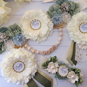Greenery Baby Shower Sash Belt for Pregnant Mommy To Be, Mom To Be Belly Bump Sash with Dad Pin and Corsage, Maternity Sash for Mama To Be