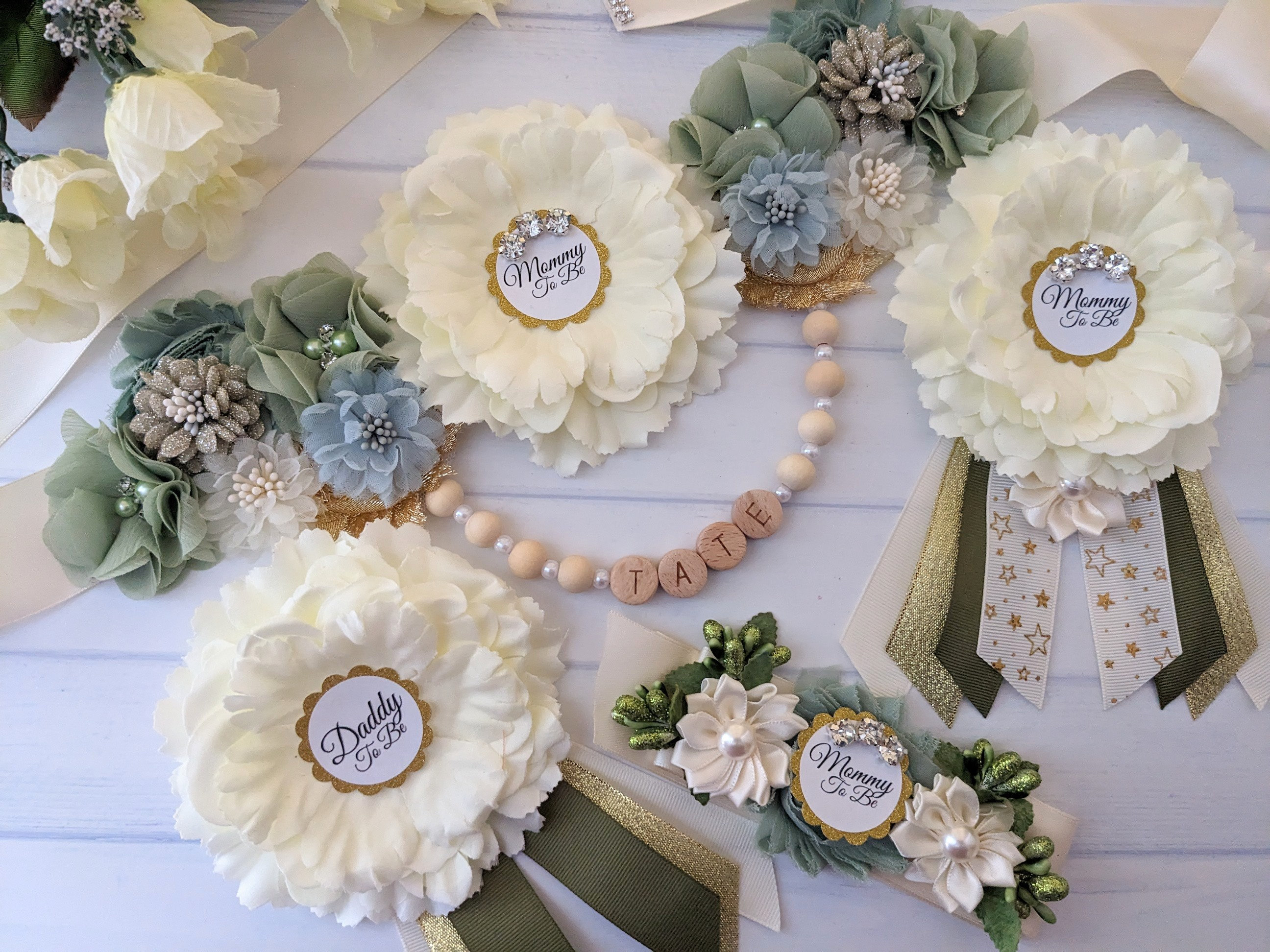 Vani Girl Maternity Sash & Corsage Set - Blue, White, Beige Blue Elephant Baby Shower Maternity Sash Boy , Mom Dad and  main image 2
