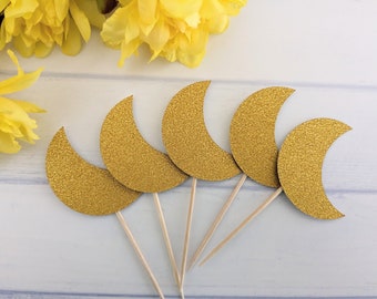 Glittery Gold Moon Baby Shower Cupcake Toppers, Love You To The Moon And Back Gender Neutral Baby Sprinkle Cupcake Toppers, Dessert Decor