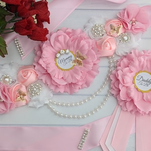 Pink and White Mommy To Be Sash, Gold Butterfly Maternity Flower Sash Belt, Baby Shower Sash Pink, Pregnant Mom Sash, Baby Bump Sash