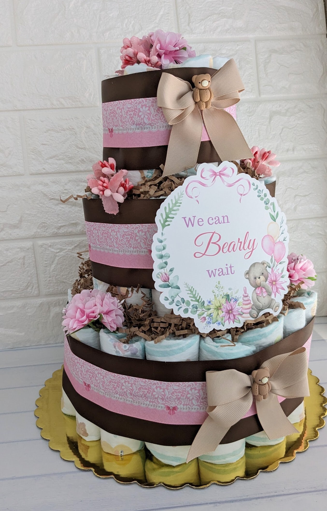 We Can Bearly Wait Baby Girl Teddy Bear Diaper Cake, Girl Teddy Bear ...
