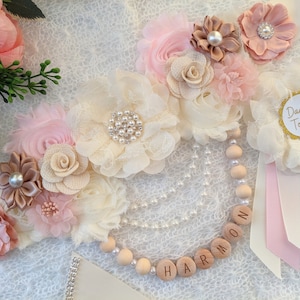 Blush Pink and Ivory Baby Girl Shower Maternity Flower Sash, Pregnant Belly Bump Floral Sash for Mama To Be, Mother To Be Sash Belt