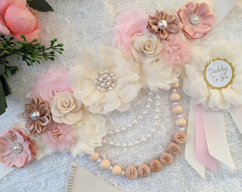 Blush Pink and Ivory Baby Girl Shower Maternity Flower Sash, Pregnant Belly Bump Floral Sash for Mama To Be, Mother To Be Sash Belt