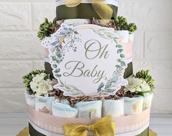 Greenery Baby Shower Diaper Cake, Tier Gender Neutral Eucalyptus