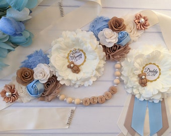 Blue Teddy Bear Maternity Sash, Blue and Brown Mommy To Be Sash, Teddy Mom To Be Sash Belt, Pregnant Bump Sash, Mama To Be Keepsake Sash