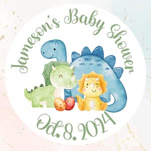 Dinosaur Baby Boy Shower Favor Sticker, 2 inch Round Baby Shower Custom Sticker, Dino Theme Baby Boy Shower Personalized Label