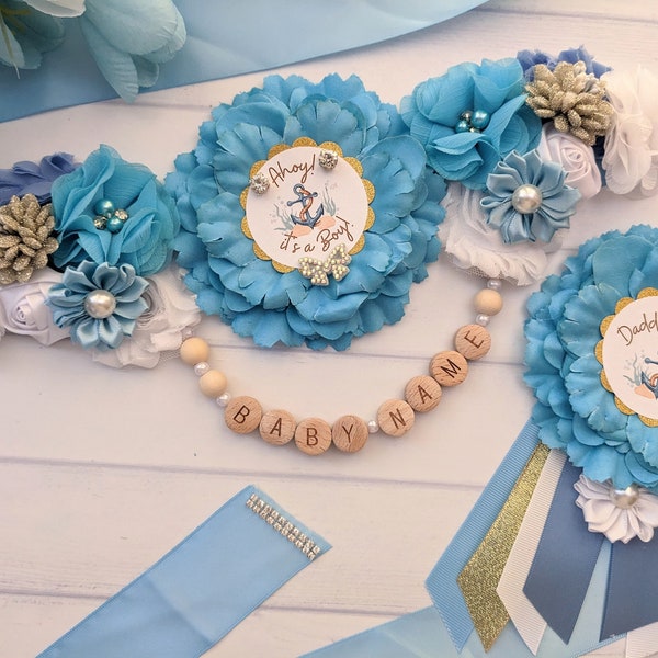 Nautical Baby Shower Belly Bump Maternity Flower Sash, Personalized Mommy To Be Pregnant Bump Sash, Ahoy It's A Boy Baby Sprinkle Sash Belt