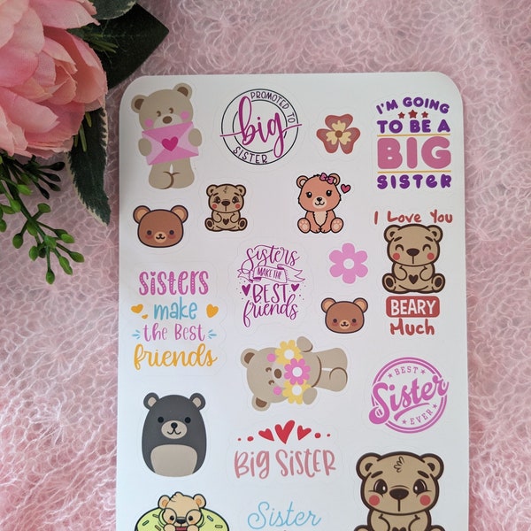 Teddy Bear Baby Shower Big Sister To Be Sticker Sheet, Sister To Be Keepsake Gift for Baby Sprinkle, Bear Baby Shower Gift for Sissy To Be