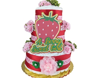 Berry Sweet Girl Baby Shower Diaper Cake, Customized Strawberry Baby Girl Sprinkle 3 Tier Personalized Centerpiece With Baby Name