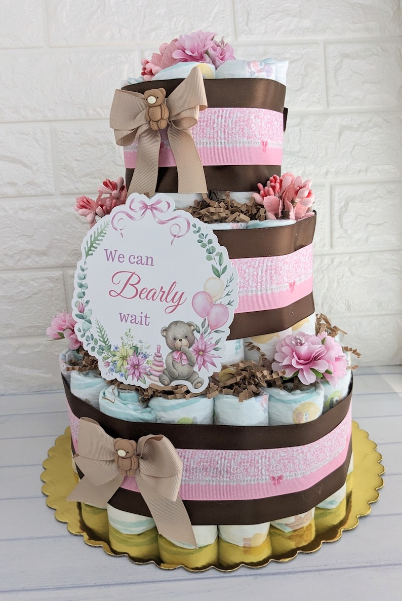 We Can Bearly Wait Baby Girl Teddy Bear Diaper Cake, Girl Teddy Bear ...