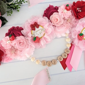 Strawberry Baby Girl Shower Maternity Sash for Mommy To Be, A Berry Sweet Girl Baby Sprinkle Sash, Red Berry Baby Shower Pregnant Mom Gift