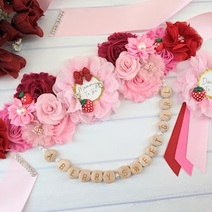 A Berry Sweet Girl Baby Shower with Strawberry Theme, Strawberry Baby Girl Sprinkle Maternity Flower Belly Bump Sash Belt for Mommy To Be