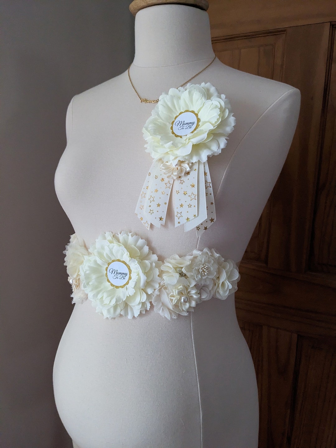 Boho Ivory Baby Shower Sash, Mommy to Be Maternity Flower Sash, Belly Bump Sash for Expecting