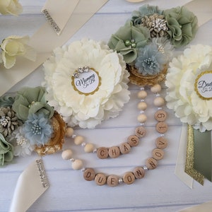 Sage Green and Gold Baby Shower Maternity Belly Bump Sash With Baby Name and Due Date, Pregnant Mom To Be Greenery Sash Belt, Keepsake Gift