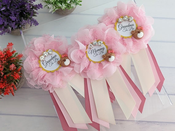 Grandma to Be Baby Girl Shower Pin, Pink Teddy Bear Baby