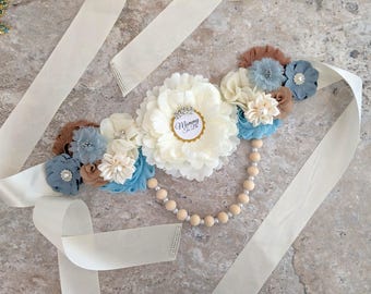 Blue Baby Shower Dress Mommy To Be Flower Sash Belt, Pregnant Mama Belly Bump Sash, Maternity Dress Photoshoot Sash, Baby Sprinkle