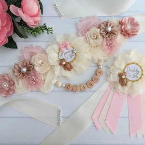 Teddy Bear Baby Girl Shower Expecting Pregnant Mommy Belly Sash with Daddy To Be Pin Keepsake Gift Set, Cute Brown Bear Mom To Be Sash Set