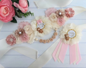 Blush Pink and Ivory Teddy Bear Maternity Sash, Baby Shower Sash Belt, Mommy To Be Sash, Boho Mom To Be Keepsake, Bohemian Baby Bump Sash
