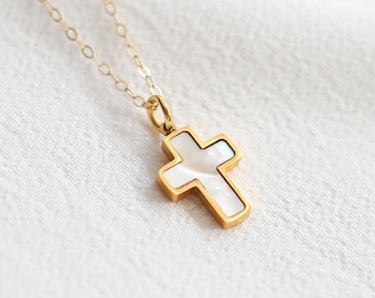 Mother Of Pearl Gold Cross Necklace, 14K Gold Filled, Layering Necklace, Christian Necklace, Cross Necklace, Personalised Gift For Her
